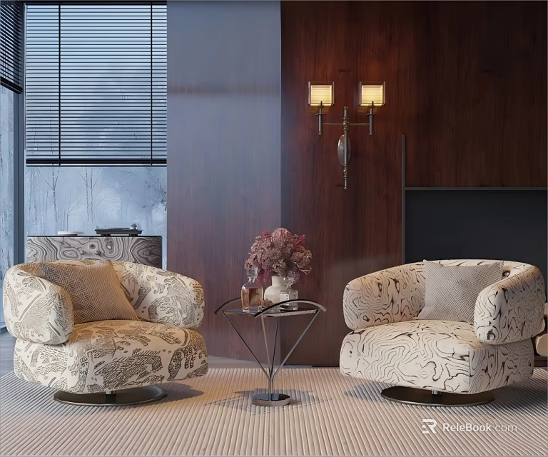 Elegant Floral Patterned Accent Chairs With Small Coffee Table Vase Flowers And Wooden Wall Sconces 3d model 