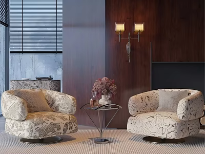 Elegant Floral Patterned Accent Chairs With Small Coffee Table Vase Flowers And Wooden Wall Sconces 3d model