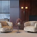 Elegant Floral Patterned Accent Chairs With Small Coffee Table Vase Flowers And Wooden Wall Sconces