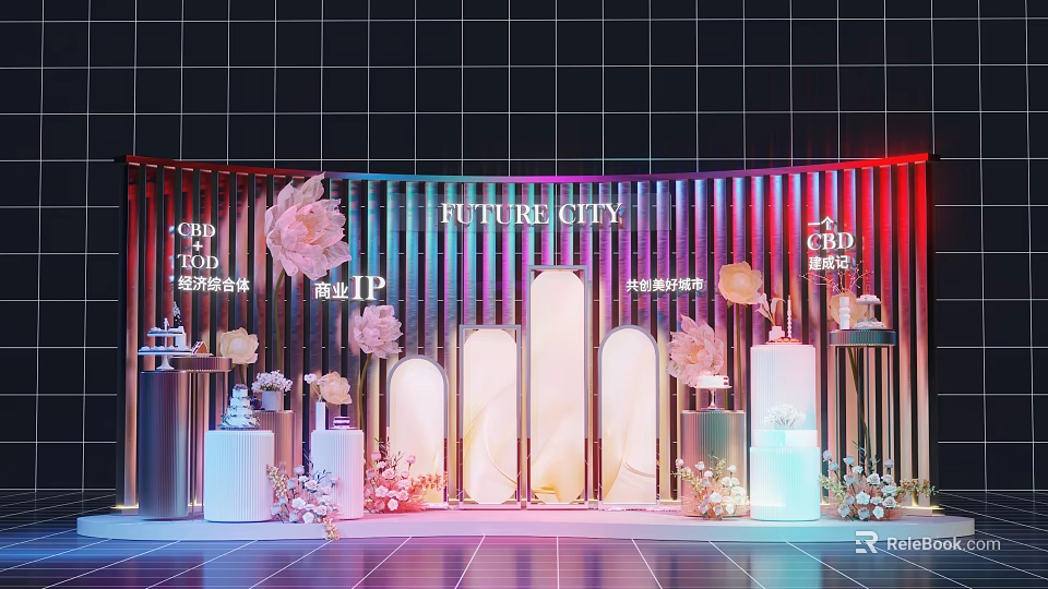 Interactive Zone With Future City Theme CBD Elements And Floral Decorations 3d model