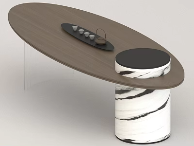 Modern Oval Wooden Tea Table Design with Marble Leg and Black Stool 3d model