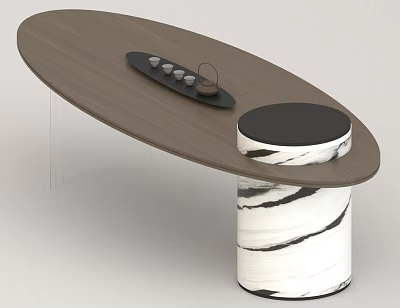 Modern Oval Wooden Tea Table Design with Marble Leg and Black Stool 3d model
