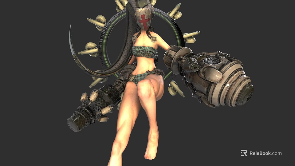 Character Wielding Large Mechanical Combat Weapon With Hammer And Decorative Headgear 3d model 