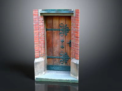 Traditional Wooden Door In Red Brick Wall With Ornate Metal Decorations And Stone Step 3d model