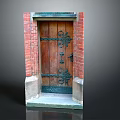 Traditional Wooden Door In Red Brick Wall With Ornate Metal Decorations And Stone Step