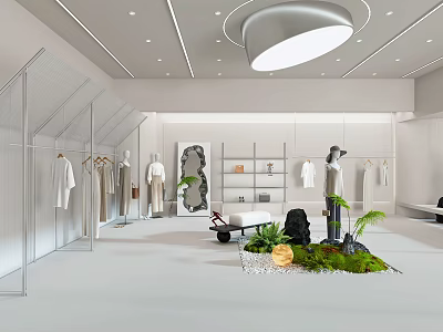 Modern Clothing Store Interior With Clothing Racks Mannequins And Green Plants 3d model