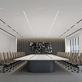 Modern Conference Room Interior With Long Table Ergonomic Chairs Ceiling Lights And Wall Decor