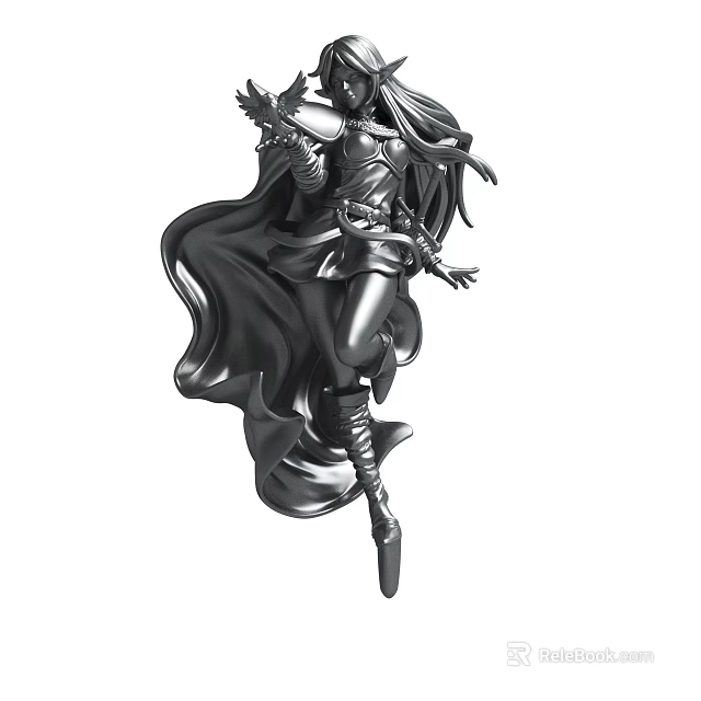 Detailed Black Humanoid Statue With Flowing Cloak In Dynamic Leaping Pose 3d model 