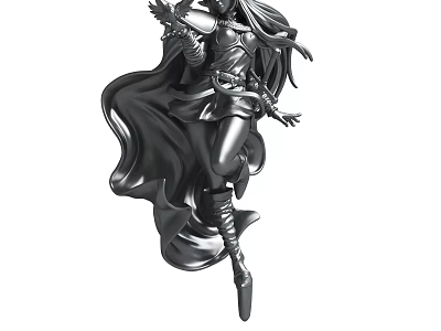 Detailed Black Humanoid Statue With Flowing Cloak In Dynamic Leaping Pose 3d model