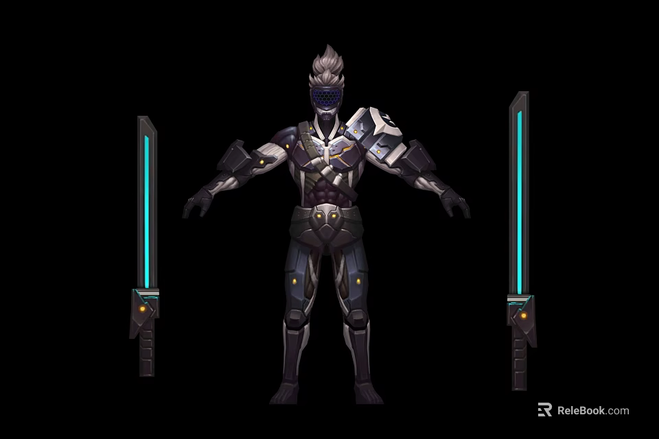 Futuristic Metallic Tech Armored Character With Dual Glowing Swords Design 3d model 