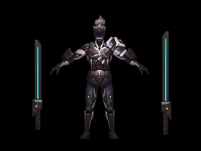 Futuristic Metallic Tech Armored Character With Dual Glowing Swords Design 3d model
