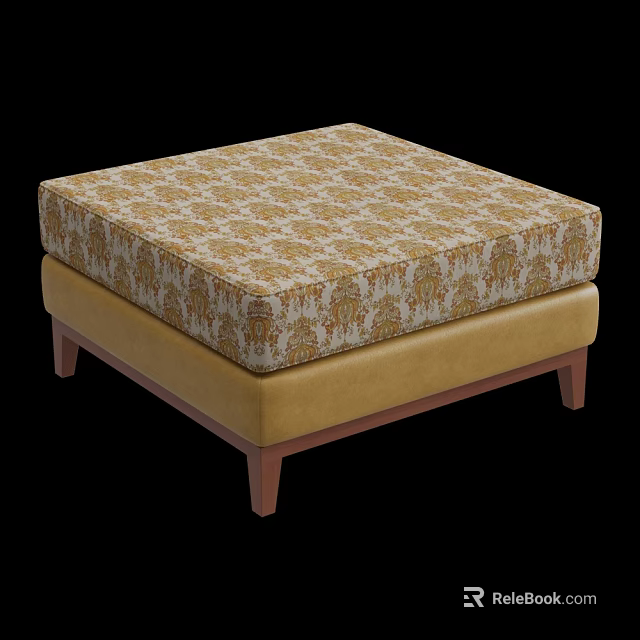 Decorative Ottoman Stool With Golden Patterned Fabric Cushion And Wooden Legs 3d model 