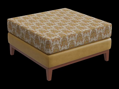 Decorative Ottoman Stool With Golden Patterned Fabric Cushion And Wooden Legs 3d model