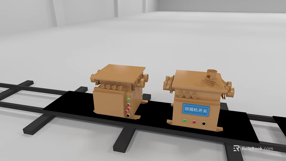 Two Brown Industrial Packaging Machines With Control Buttons On Black Platform 3d model
