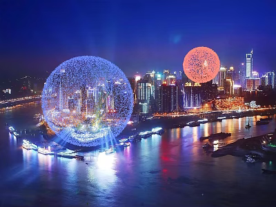 Night View Of City Skyline With Illuminated Spherical Structures And Waterfront 3d model