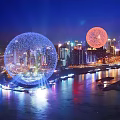 Night View Of City Skyline With Illuminated Spherical Structures And Waterfront