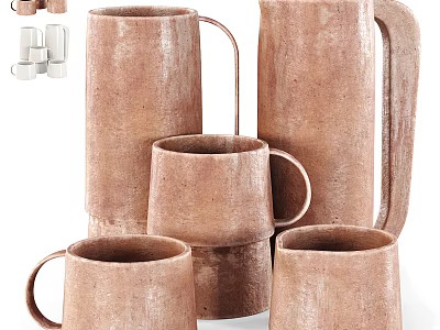 Rustic Terracotta Ceramic Vessels Set With Handcrafted Texture Various Sizes Mugs And Pitcher 3d model
