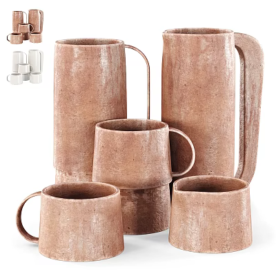 Rustic Terracotta Ceramic Vessels Set With Handcrafted Texture Various Sizes Mugs And Pitcher 3d model