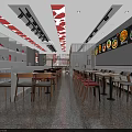 Restaurant Interior With Tables Chairs Wall Menu Displays And Red Ceiling Decorations 3d model