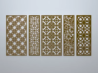Intricate Carved Windows with Various Golden Patterns Displayed on White Wall 3d model