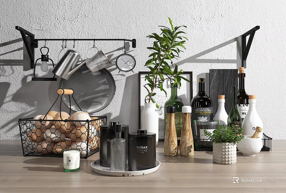 Kitchen Tools Organized With Hanging Rack Pans Mugs Egg Basket And Spice Bottles 3d model