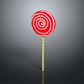Red Spiral Lollipop With Yellow And Green Striped Stick On Gray Background