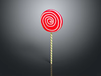 Red Spiral Lollipop With Yellow And Green Striped Stick On Gray Background 3d model