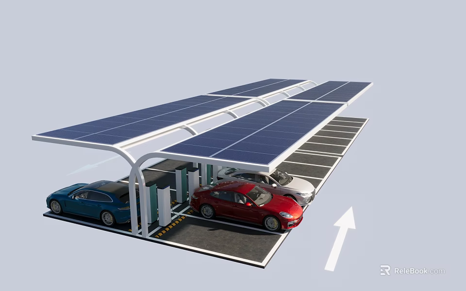 Solar Panel Covered Carport With Electric Vehicle Charging Stations And Parking 3d model 