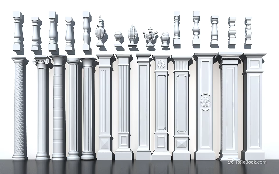 Different Types of Roman Columns with Ornate Carvings and Classical Architectural Details 3d model 