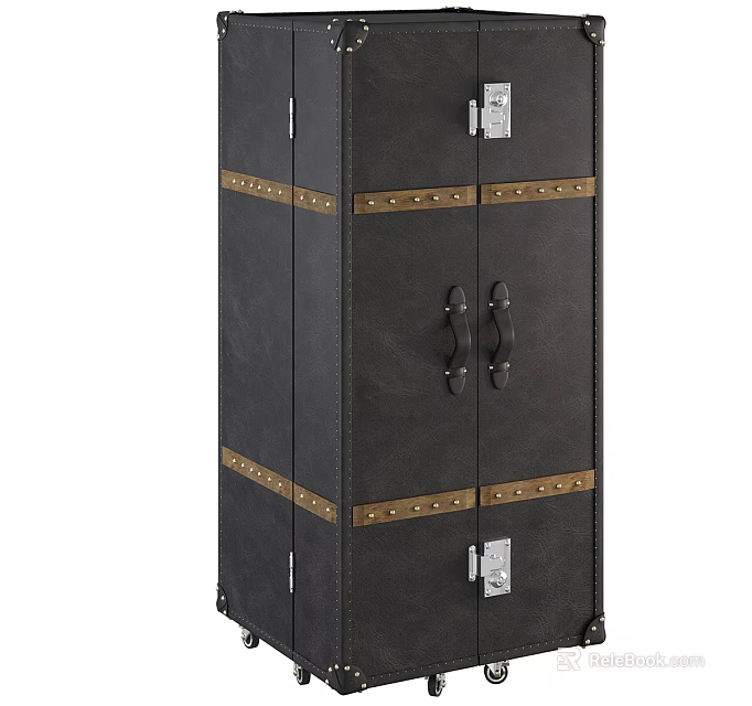 Vintage Style Black Storage Cabinet With Leather Trim And Metal Clasps On Wheels 3d model 