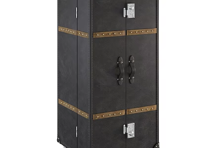 Vintage Style Black Storage Cabinet With Leather Trim And Metal Clasps On Wheels 3d model