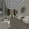 Elegant Hotel Public Lounge Area With White Sofas Patterned Carpet Decorative Paintings And Green Plants