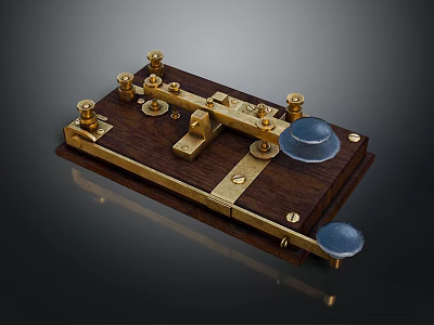Wooden Base Brass Mechanical Device With Knobs Levers And Blue Elements 3d model
