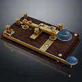 Wooden Base Brass Mechanical Device With Knobs Levers And Blue Elements 3d model