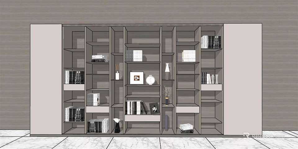 Modern Bookcase Interior Design With Multiple Storage Shelves And Decorative Items 3d model