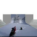 Snowy Mountain Landscape With Two People On Snowy Ground And Illuminated Steps