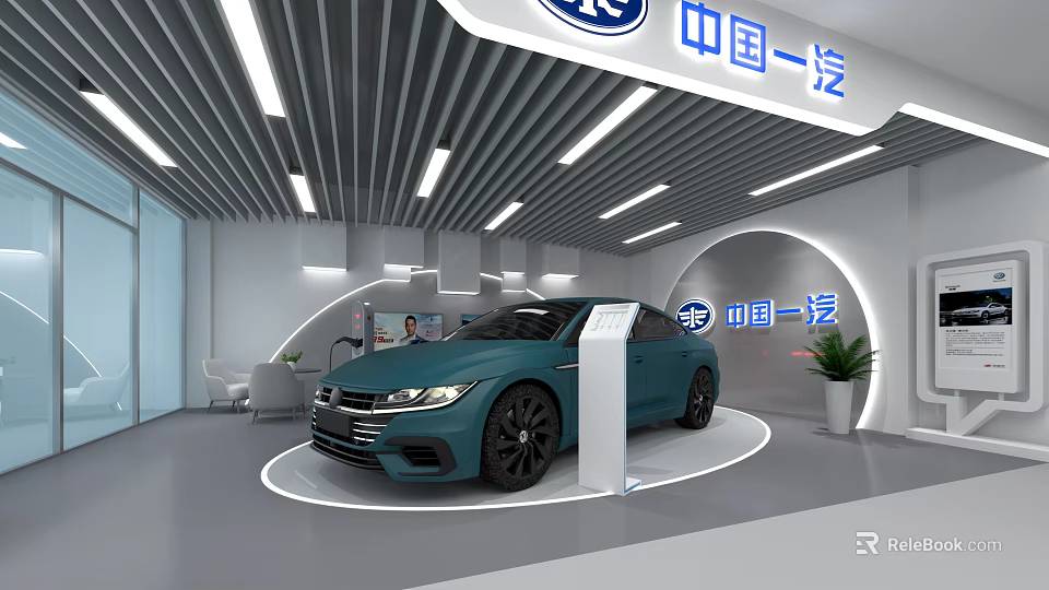 FAW 4S Store Modern Showroom With Blue Car Display And Interior Design 3d model 