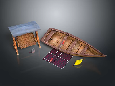 Wooden Rowboat With Small Table Solar Panels Yellow Object And Outdoor Gear 3d model