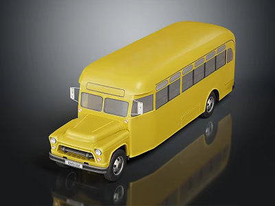 Vintage Yellow Bus Model With Classic Windows Black Wheels And Shiny Background 3d model