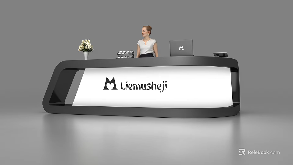 Modern Stylish Reception Desk With Liemusheji Logo Laptop And Flowers 3d model 