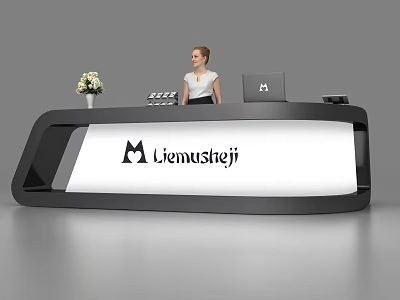 Modern Stylish Reception Desk With Liemusheji Logo Laptop And Flowers 3d model
