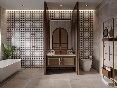 Stylish Modern Bathroom Interior With Geometric Patterned Tiles Bathtub Vanity Mirror Toilet And Plant 3d model