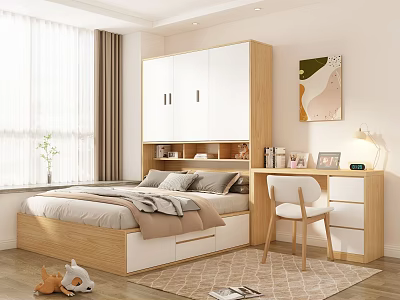 Tatami Bedroom Interior Design With Storage Cabinets Built in Desk Chair And Window Curtains 3d model