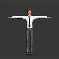 3D Character Boy With Brown Hair Glasses White Shirt Blue Tie Jeans And Arms Outstretched