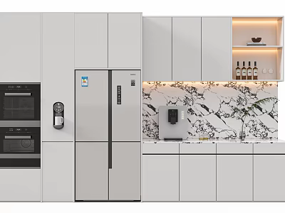 Modern Kitchen Interior With Wine Cabinet LED Lighting Marble Backsplash And White Cabinets 3d model