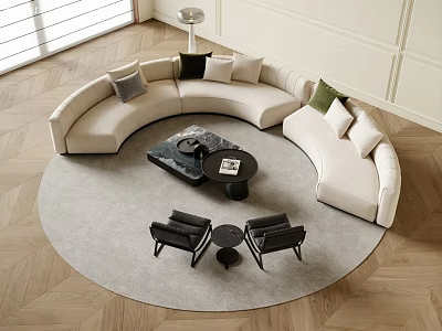 Curved Beige Sofa Set With Decorative Pillows Black Accent Chairs And Coffee Table 3d model