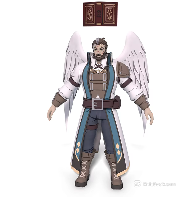 Game Character Design With White Wings Brown Blue Outfit Belt Boots And Decorative Patterns 3d model 