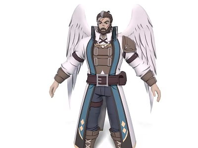 Game Character Design With White Wings Brown Blue Outfit Belt Boots And Decorative Patterns 3d model