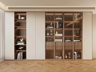 Modern Wooden Bookshelf Wall With Decorative Items And Books In Home Interior 3d model
