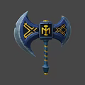 Blue And Yellow Double Bladed Axe With M Logo And Decorative Patterns 3d model